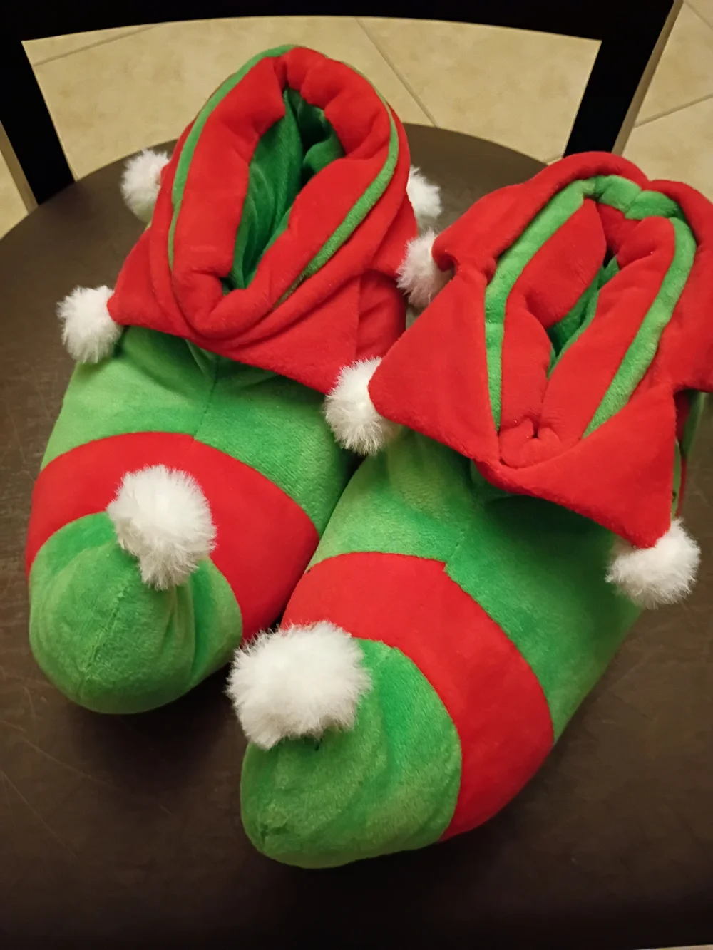 Kids Holiday Elf Slippers with Pom-Pom Accents - Green & Red